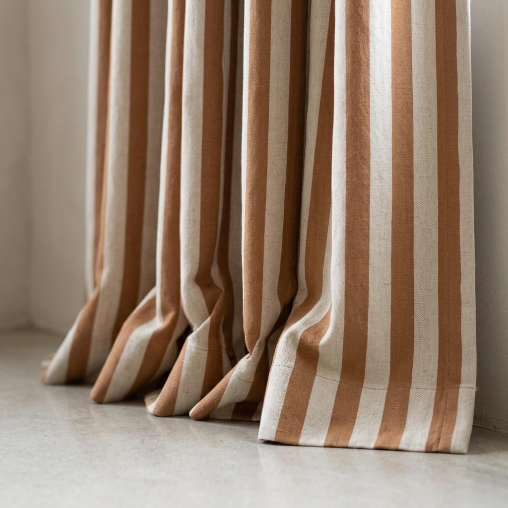 Camel Brown Stripe Linen Curtains, Heavy Pure Linen Drapes, Tan Vertical Striped Blackout or Cotton Lined Custom Curtain — image 1