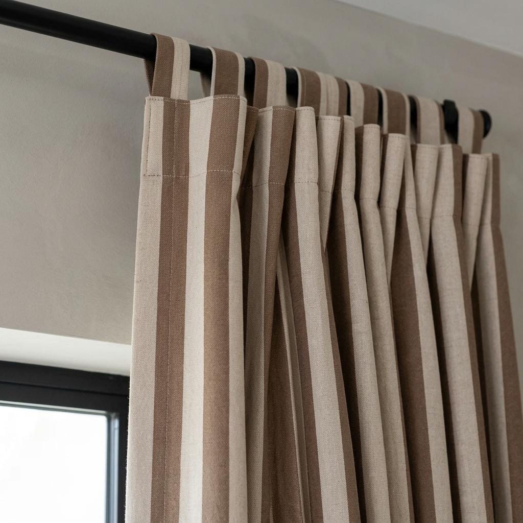 Cocoa Brown Stripe Linen Curtains, Heavy Pure Linen Drapes, Taupe Vertical Striped Blackout or Cotton Lined Curtain — image 1