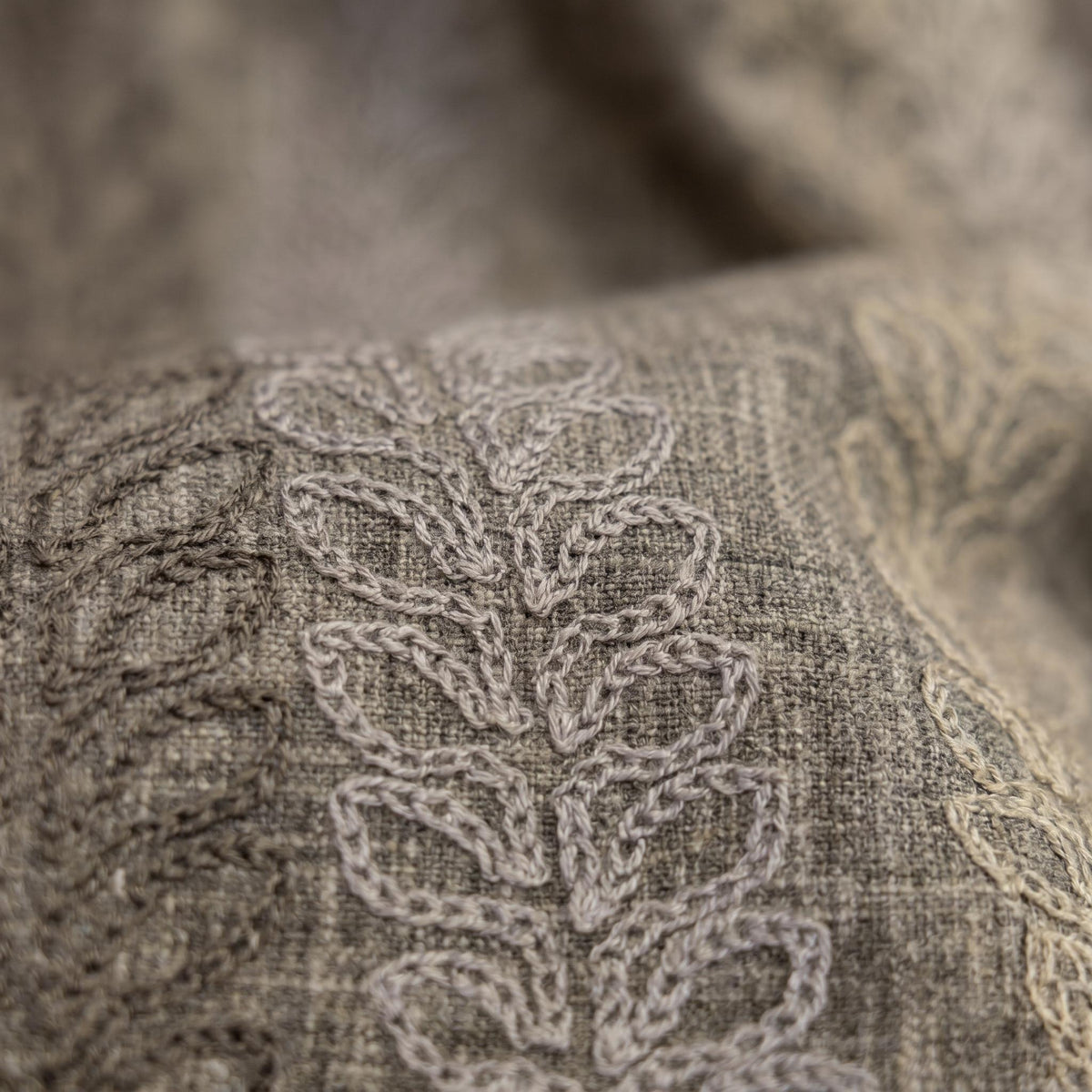 Dark Grey Linen Embroidered Curtains, Neutral Leaf Stripe Drapes, Heavy Custom Blackout Cafe Curtain Panels — image 8