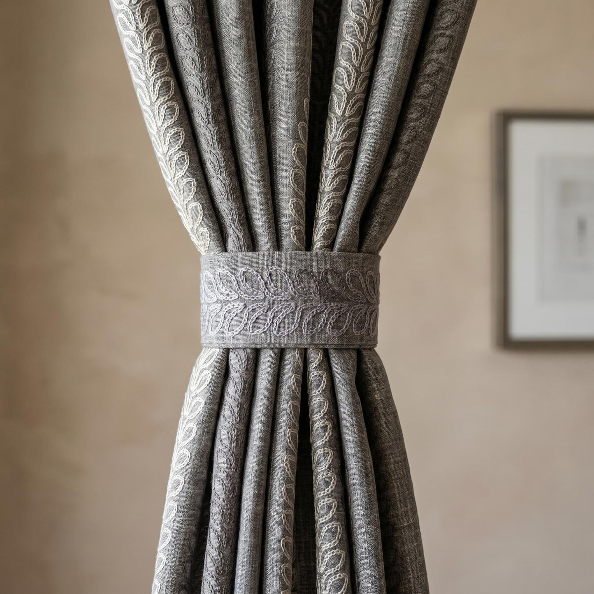 Dark Grey Linen Embroidered Curtains, Neutral Leaf Stripe Drapes, Heavy Custom Blackout Cafe Curtain Panels — image 2