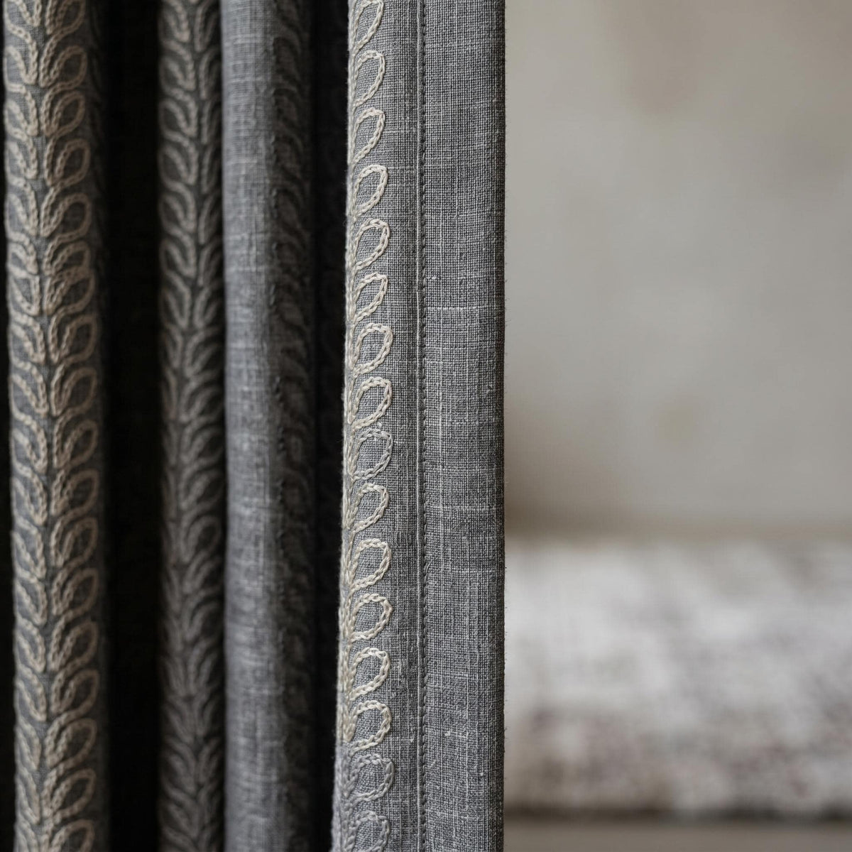 Dark Grey Linen Embroidered Curtains, Neutral Leaf Stripe Drapes, Heavy Custom Blackout Cafe Curtain Panels — image 5
