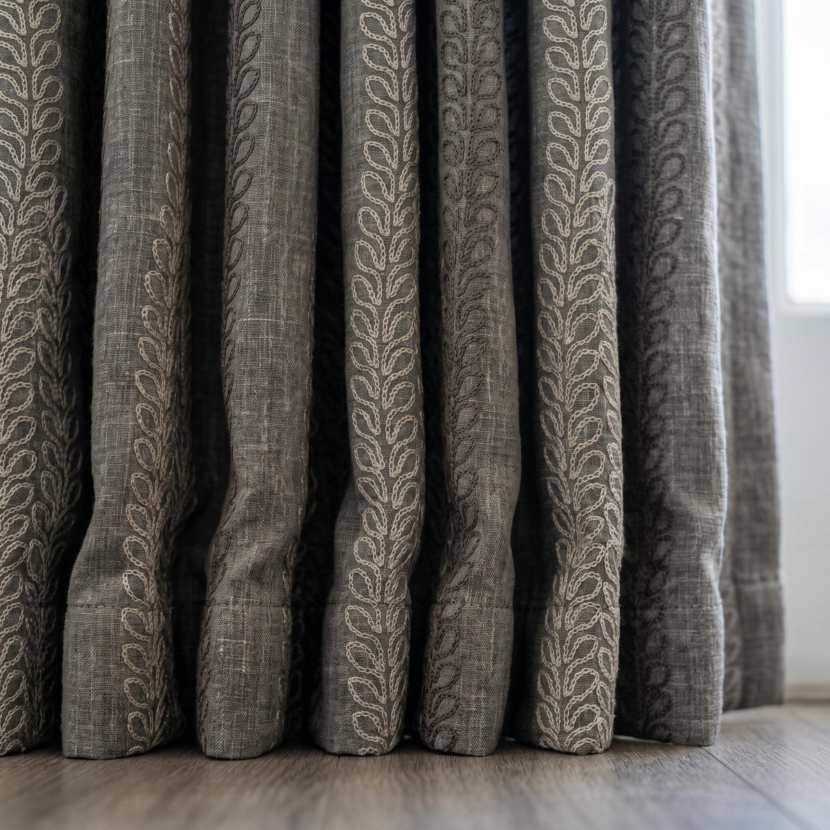 Dark Grey Linen Embroidered Curtains, Neutral Leaf Stripe Drapes, Heavy Custom Blackout Cafe Curtain Panels — image 3