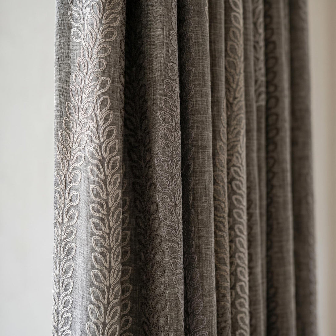 Dark Grey Linen Embroidered Curtains, Neutral Leaf Stripe Drapes, Heavy Custom Blackout Cafe Curtain Panels — image 1