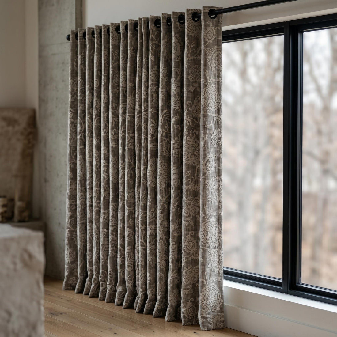 Dark Grey Linen Embroidered Curtains, Dusty Grey Floral Paisley Drapes, Heavy Custom Blackout Cafe Curtain Panels — image 1