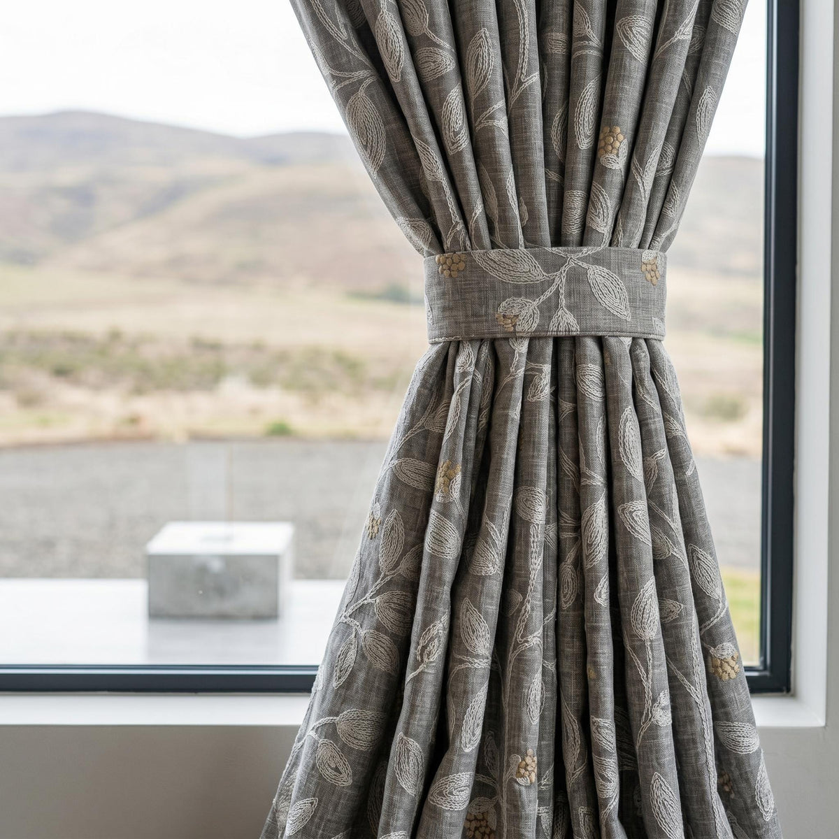 Dark Grey Linen Embroidered Curtains, Dusty Grey Botanical Drapes, Heavy Custom Blackout Cafe Curtain Panels — image 2