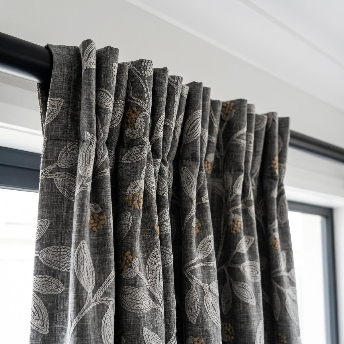 Dark Grey Linen Embroidered Curtains, Dusty Grey Botanical Drapes, Heavy Custom Blackout Cafe Curtain Panels — image 6