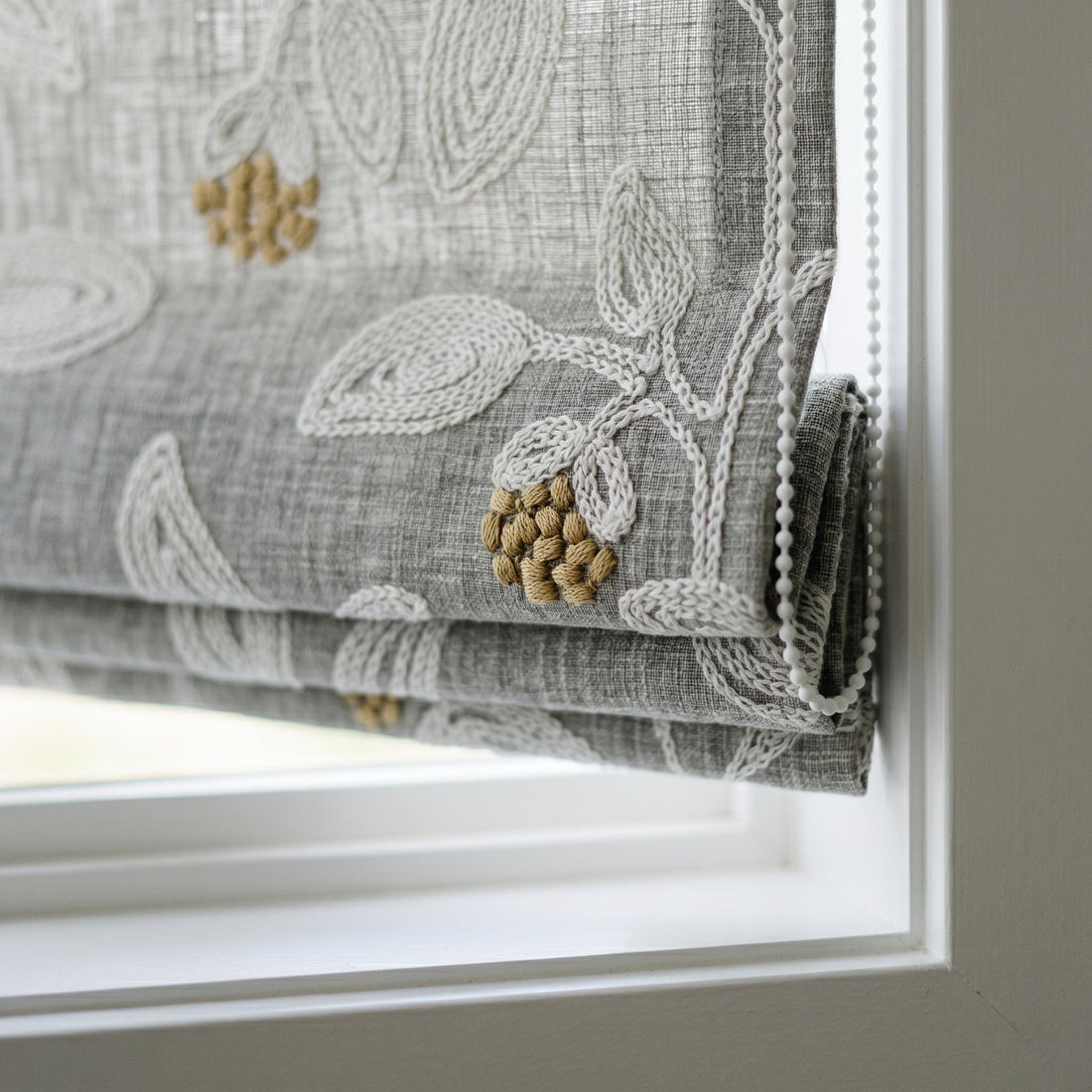 Dark Grey Embroidered Linen Roman Shade, Custom Corded Roman Blind, Gold Floral Window Shade, Blackout or Cotton Lined — image 1