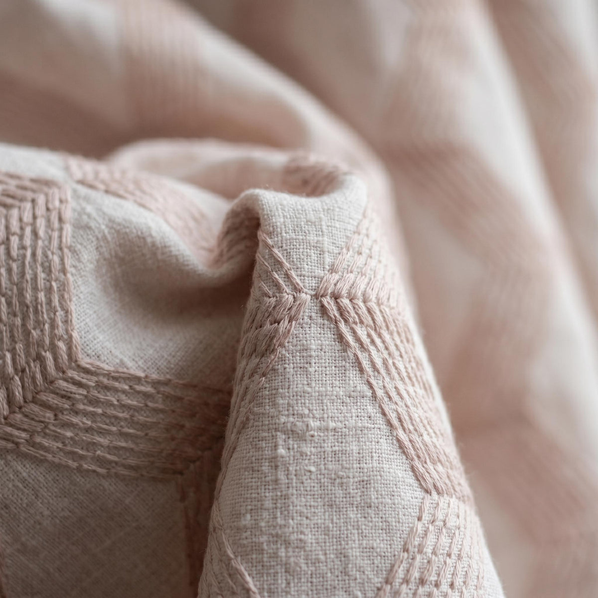 Light Pink Linen Curtains, Dusty Pink Geometric Cube Embroidered Drapes, Heavy Linen Blackout Custom Panels — image 5