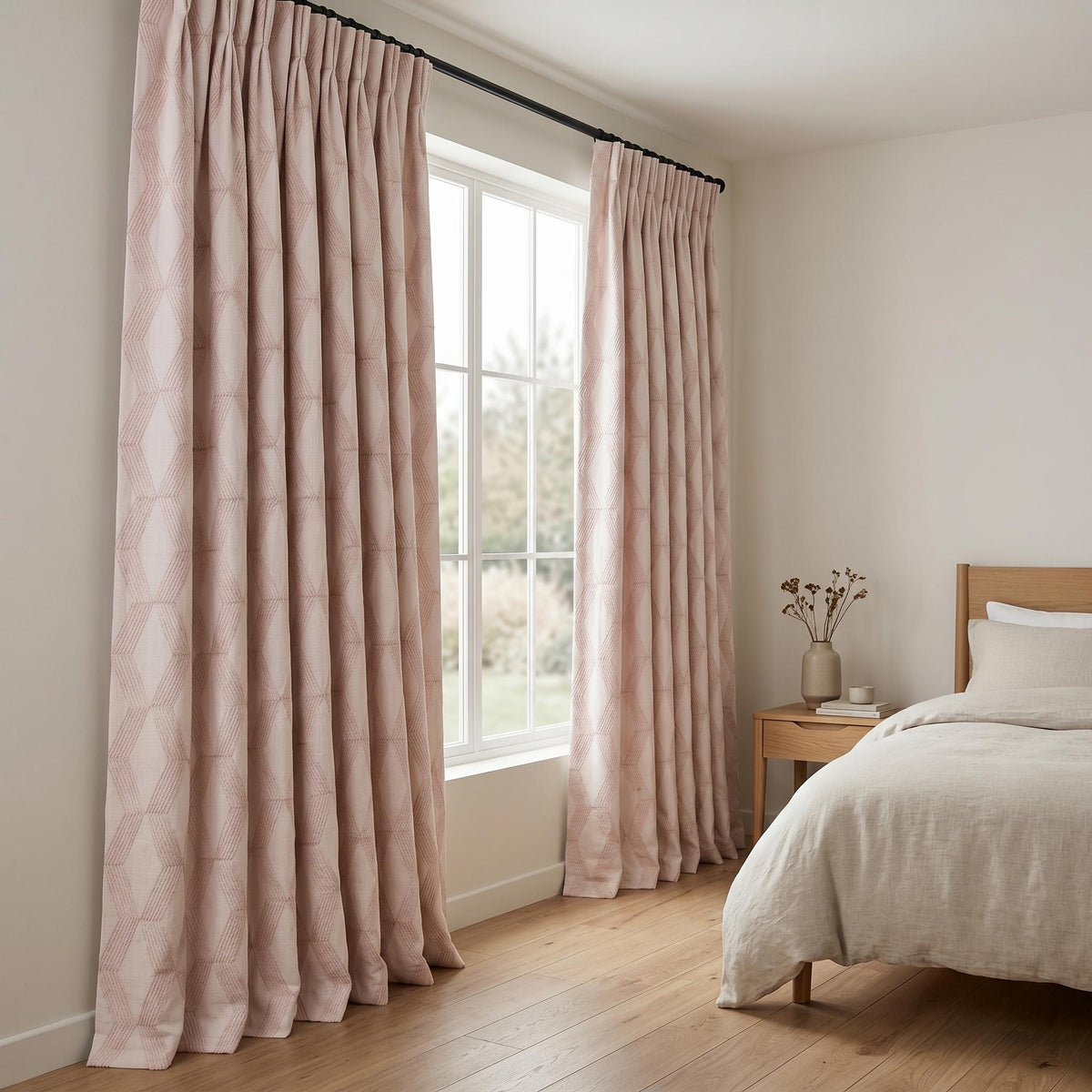 Light Pink Linen Curtains, Dusty Pink Geometric Cube Embroidered Drapes, Heavy Linen Blackout Custom Panels — image 6