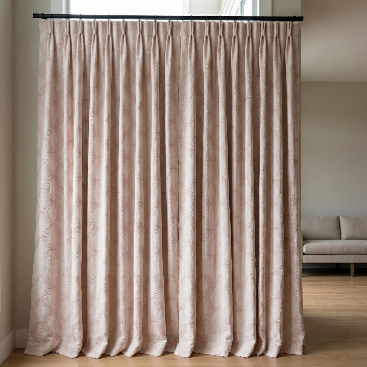 Light Pink Linen Curtains, Dusty Pink Geometric Cube Embroidered Drapes, Heavy Linen Blackout Custom Panels — image 4