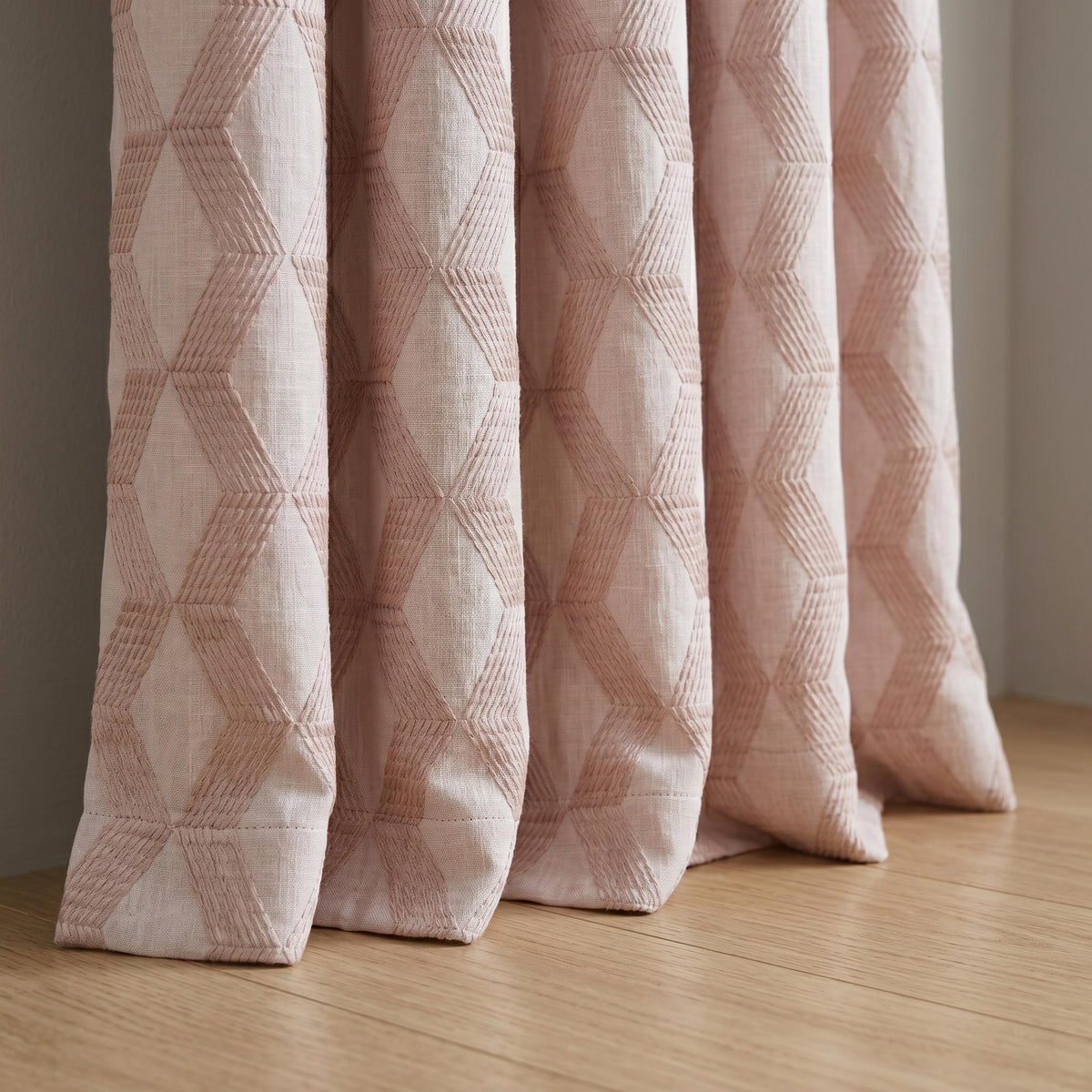 Light Pink Linen Curtains, Dusty Pink Geometric Cube Embroidered Drapes, Heavy Linen Blackout Custom Panels — image 3