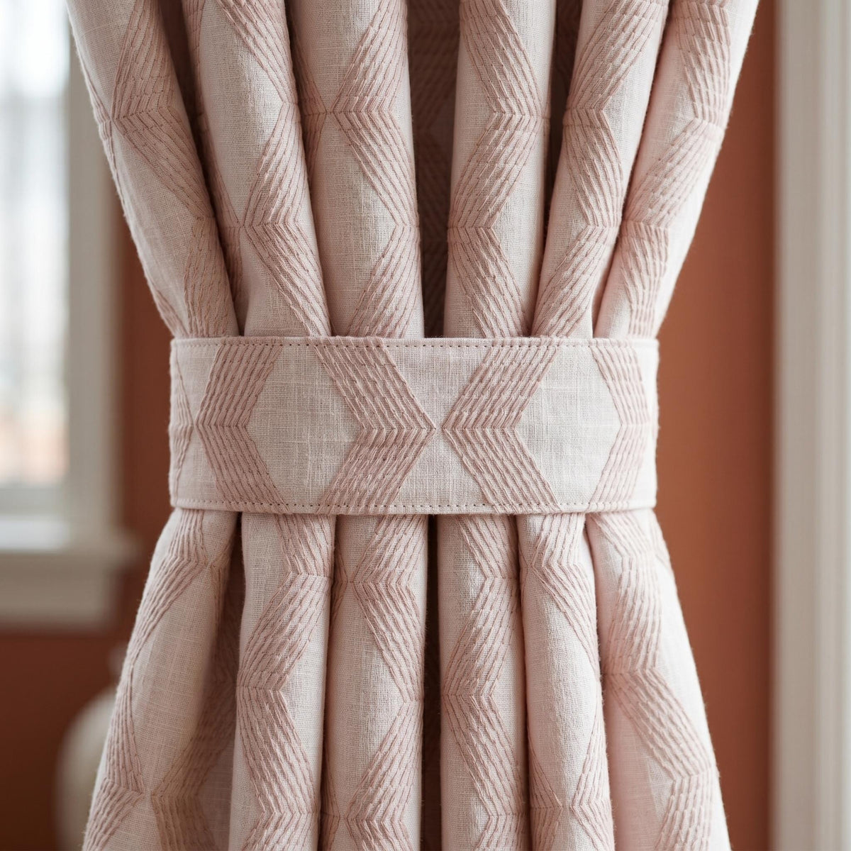 Light Pink Linen Curtains, Dusty Pink Geometric Cube Embroidered Drapes, Heavy Linen Blackout Custom Panels — image 2