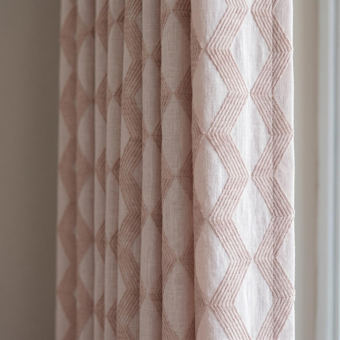 Light Pink Linen Curtains, Dusty Pink Geometric Cube Embroidered Drapes, Heavy Linen Blackout Custom Panels — image 1