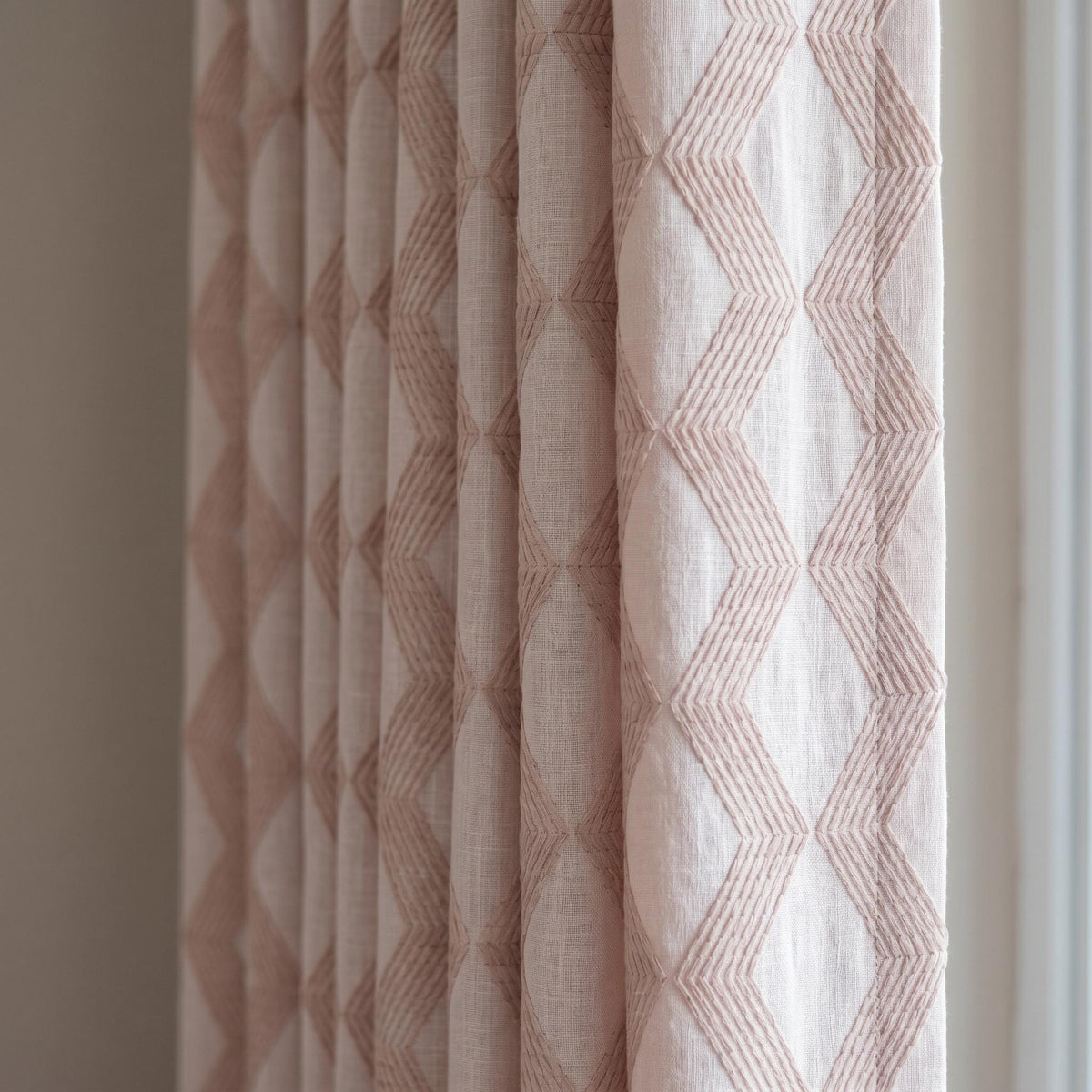 Light Pink Linen Curtains, Dusty Pink Geometric Cube Embroidered Drapes, Heavy Linen Blackout Custom Panels — image 1