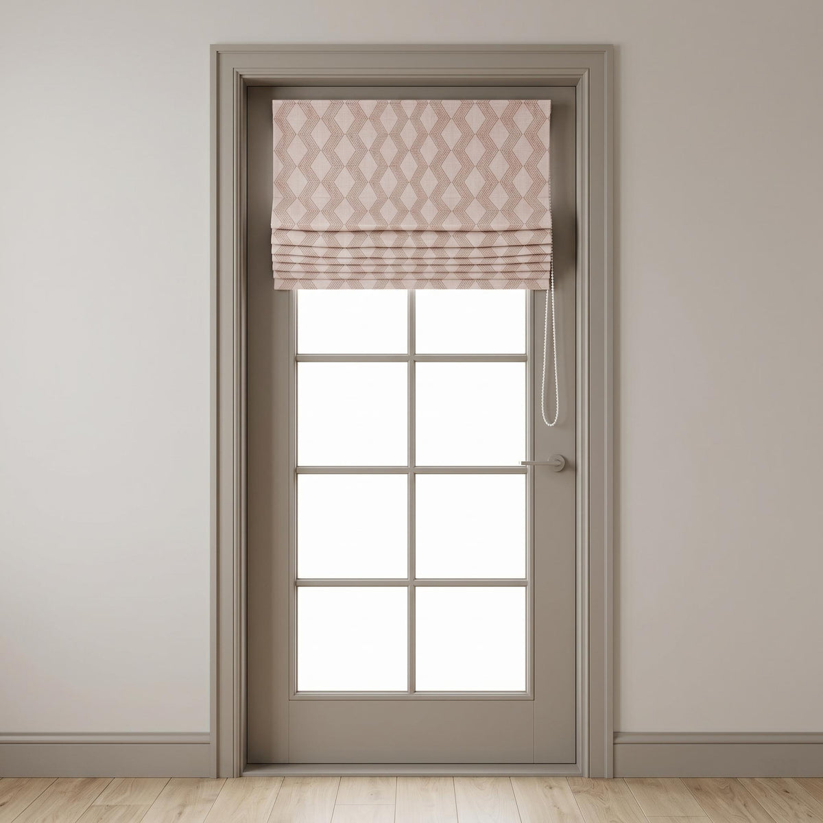 Light Pink Linen Roman Shade, Dusty Pink Embroidered Geometric Blind, Custom Corded Blackout or Cotton Lined Window Shade — image 3