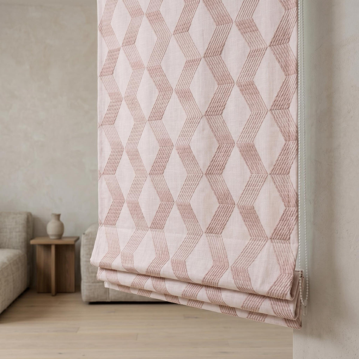Light Pink Linen Roman Shade, Dusty Pink Embroidered Geometric Blind, Custom Corded Blackout or Cotton Lined Window Shade — image 10