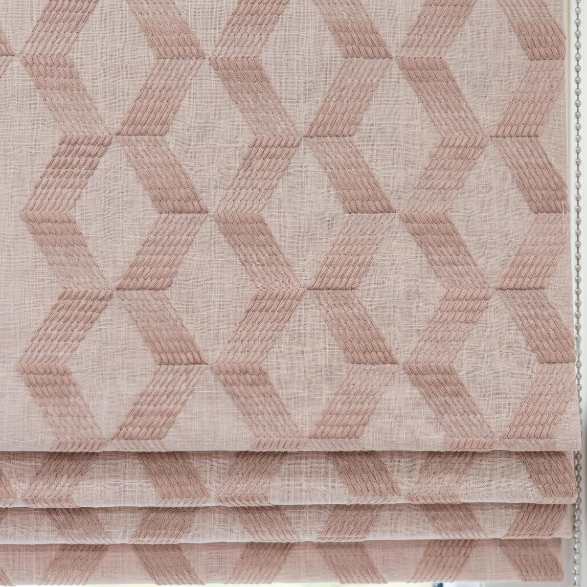 Light Pink Linen Roman Shade, Dusty Pink Embroidered Geometric Blind, Custom Corded Blackout or Cotton Lined Window Shade — image 7