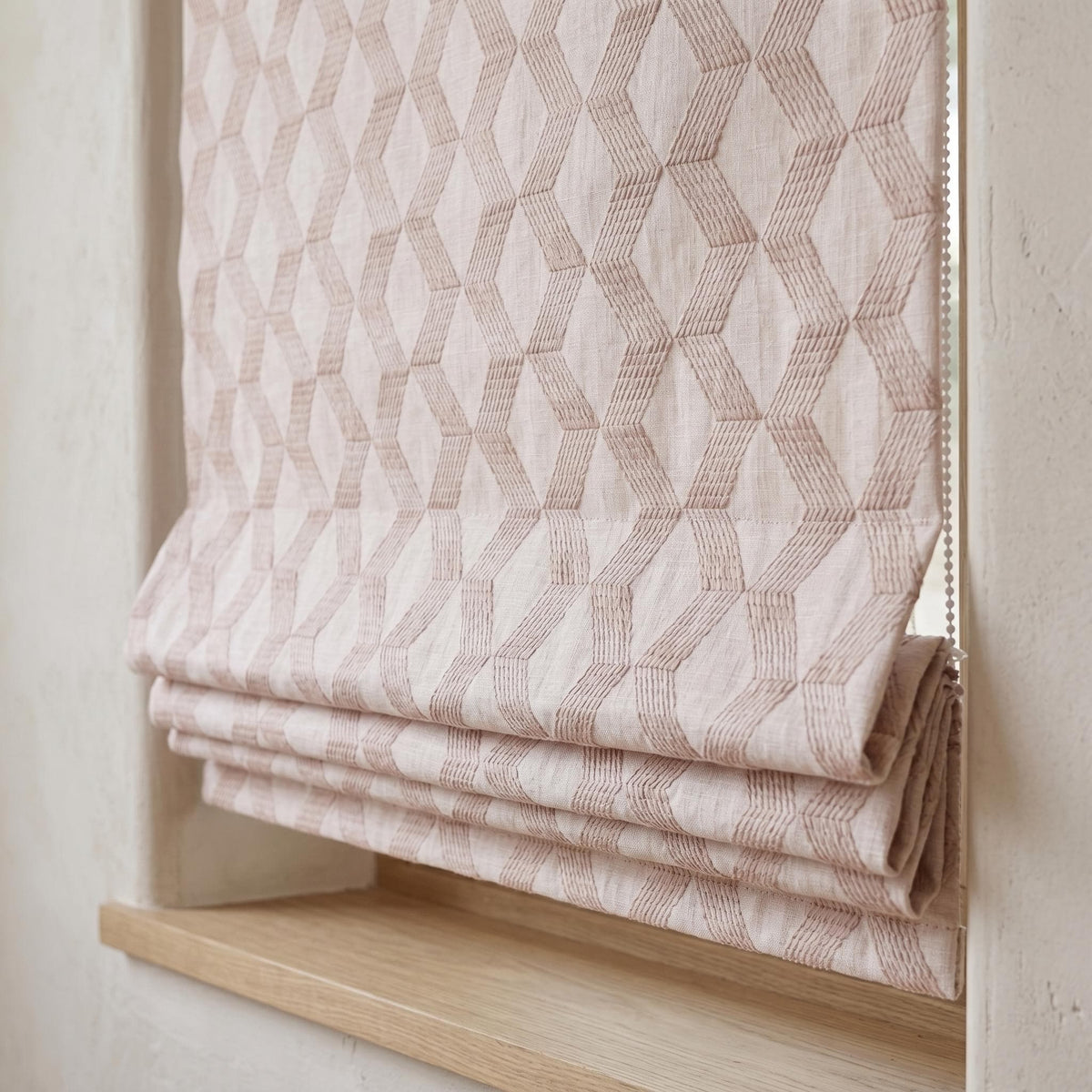 Light Pink Linen Roman Shade, Dusty Pink Embroidered Geometric Blind, Custom Corded Blackout or Cotton Lined Window Shade — image 4