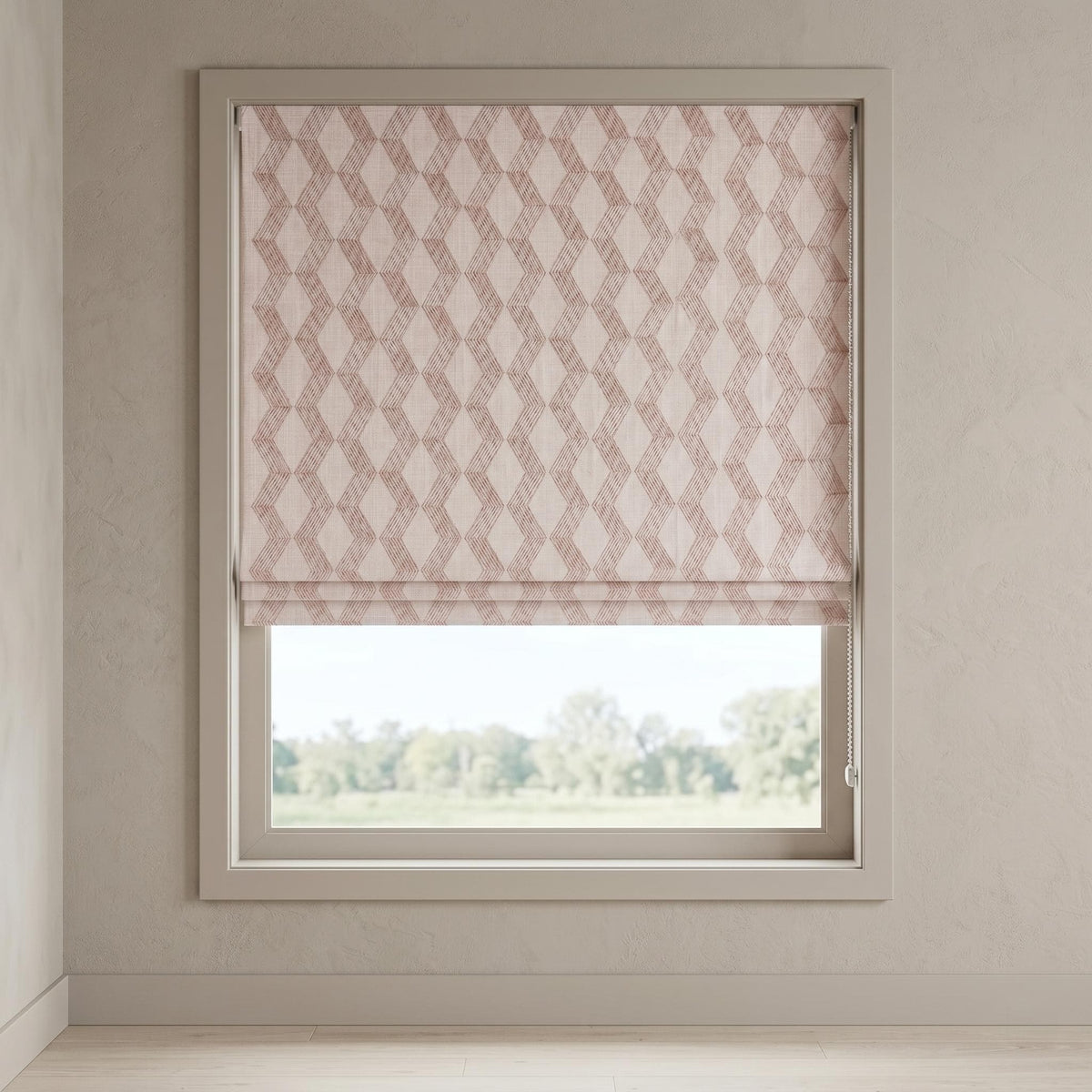Light Pink Linen Roman Shade, Dusty Pink Embroidered Geometric Blind, Custom Corded Blackout or Cotton Lined Window Shade — image 6