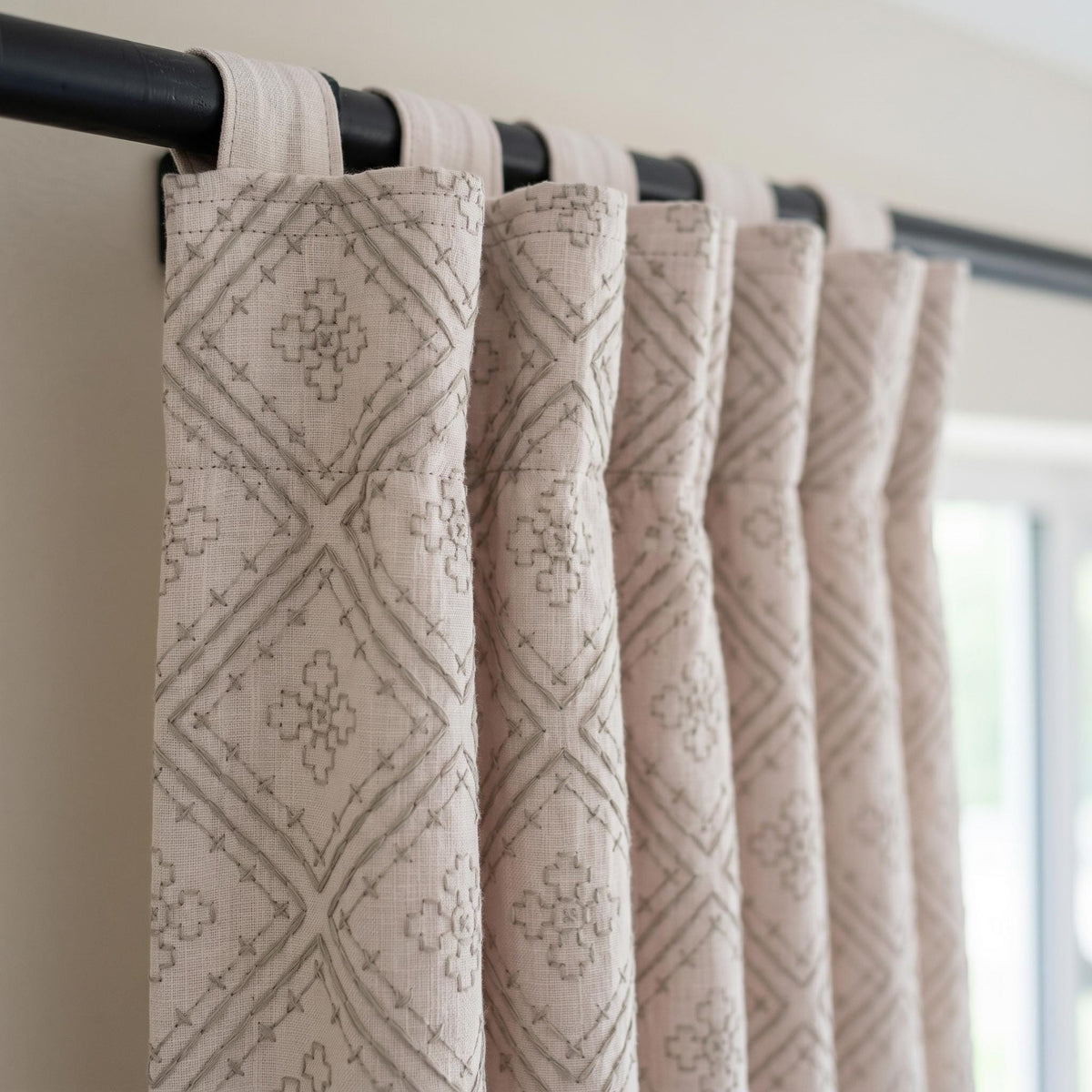 Light Pink Linen Curtains, Dusty Grey Diamond Trellis Embroidered Drapes, Heavy Linen Blackout Custom Panels — image 3