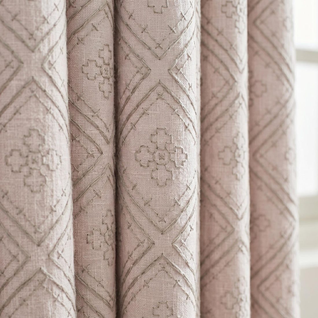 Light Pink Linen Curtains, Dusty Grey Diamond Trellis Embroidered Drapes, Heavy Linen Blackout Custom Panels — image 1