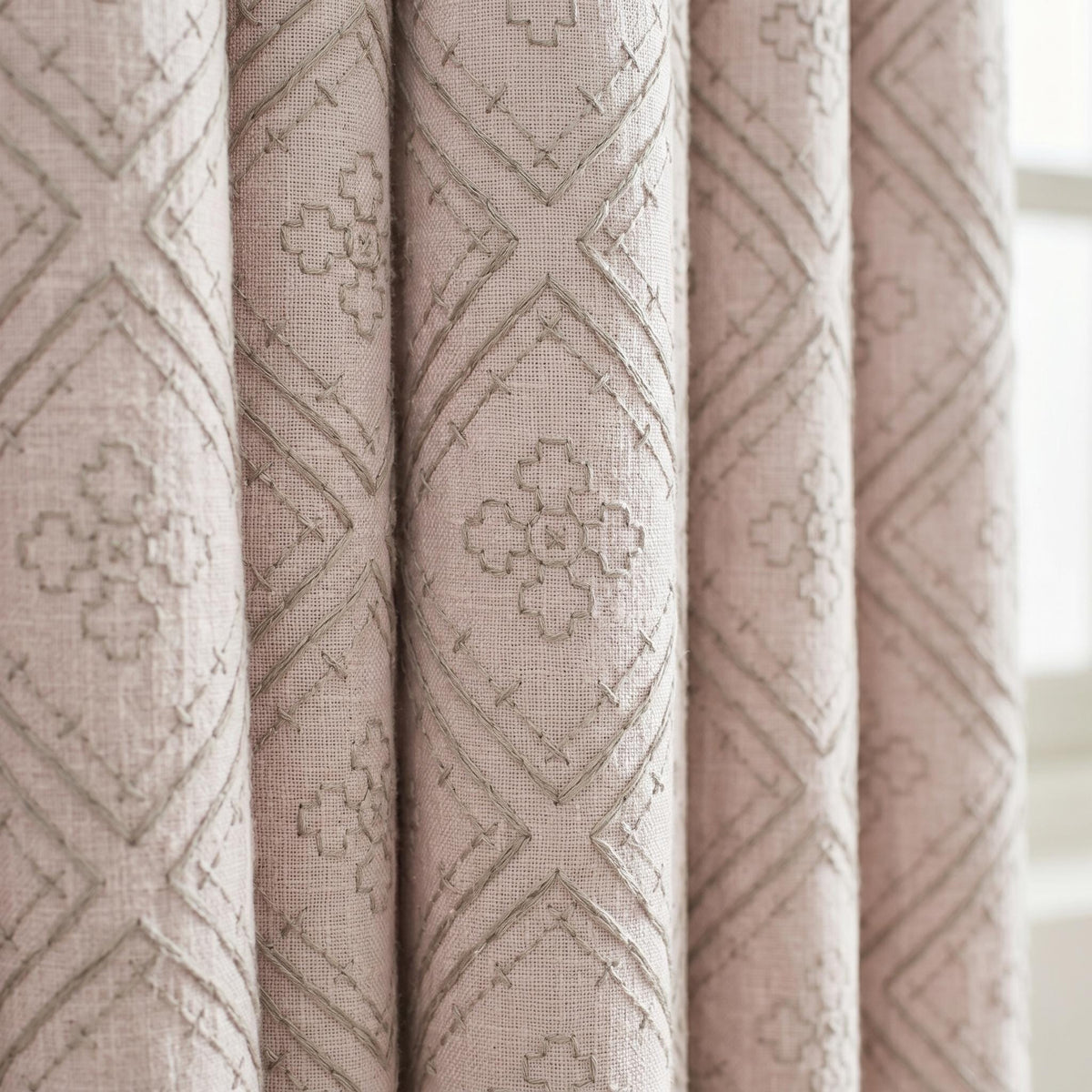Light Pink Linen Curtains, Dusty Grey Diamond Trellis Embroidered Drapes, Heavy Linen Blackout Custom Panels — image 1