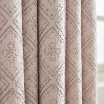 Light Pink Linen Curtains, Dusty Grey Diamond Trellis Embroidered Drapes, Heavy Linen Blackout Custom Panels — image 1