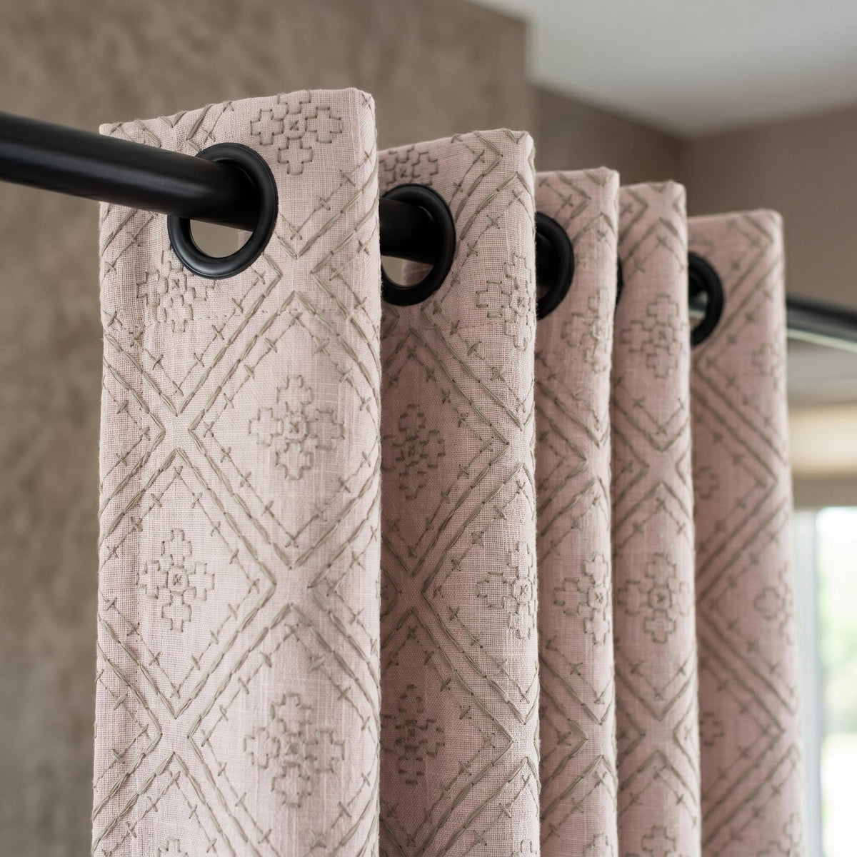 Light Pink Linen Curtains, Dusty Grey Diamond Trellis Embroidered Drapes, Heavy Linen Blackout Custom Panels — image 6