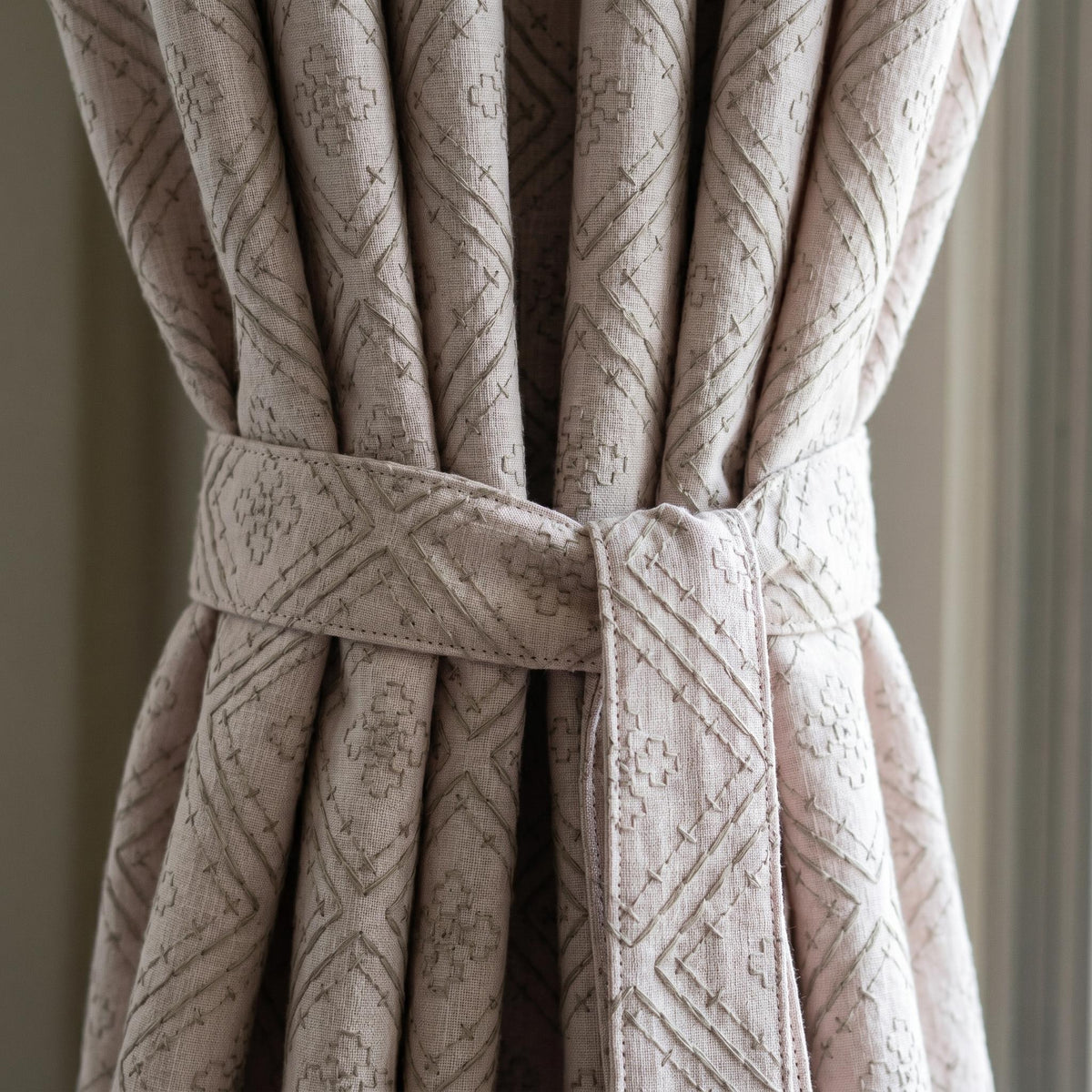 Light Pink Linen Curtains, Dusty Grey Diamond Trellis Embroidered Drapes, Heavy Linen Blackout Custom Panels — image 4