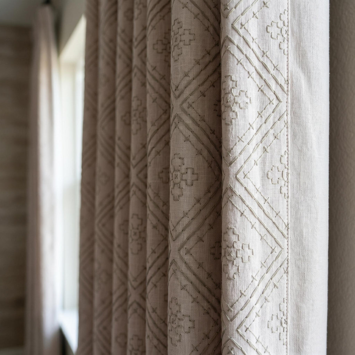 Light Pink Linen Curtains, Dusty Grey Diamond Trellis Embroidered Drapes, Heavy Linen Blackout Custom Panels — image 10