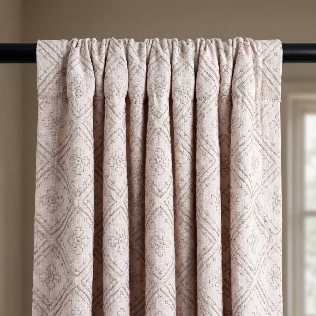 Light Pink Linen Curtains, Dusty Grey Diamond Trellis Embroidered Drapes, Heavy Linen Blackout Custom Panels — image 7