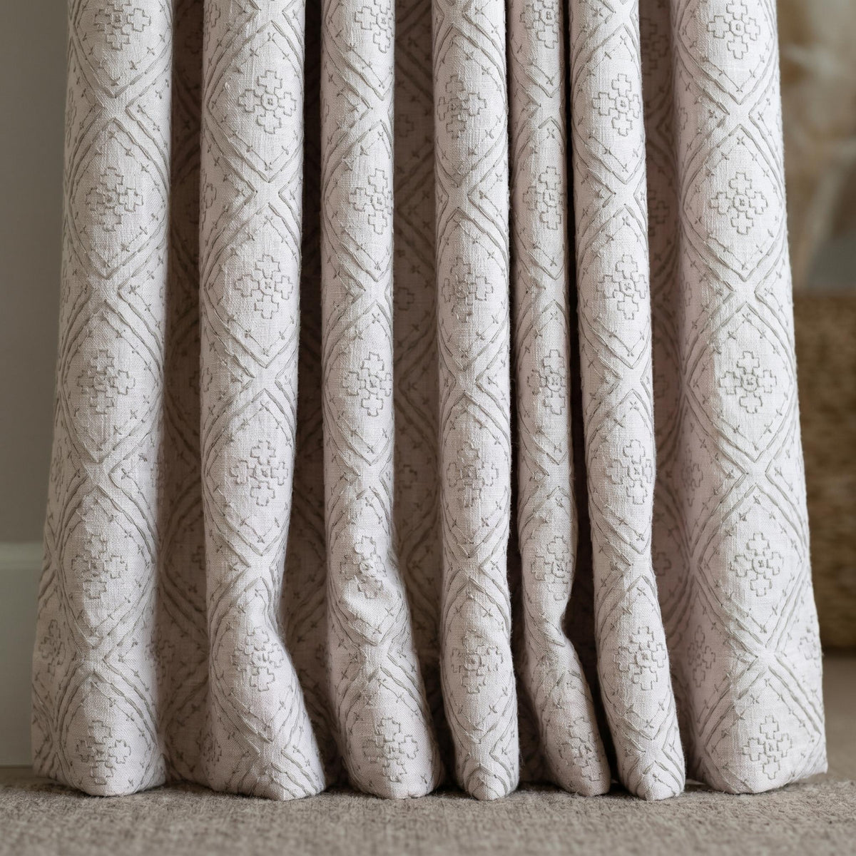 Light Pink Linen Curtains, Dusty Grey Diamond Trellis Embroidered Drapes, Heavy Linen Blackout Custom Panels — image 8