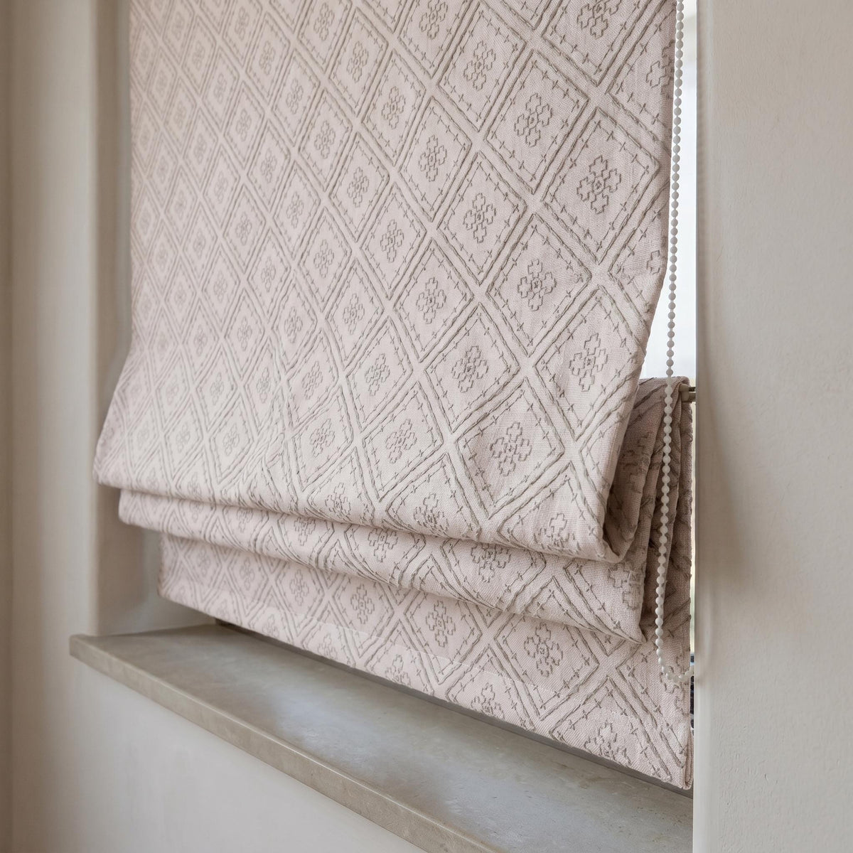 Light Pink Linen Roman Shade, Dusty Gray Embroidered Diamond Blind, Custom Corded Blackout or Cotton Lined Window Shade — image 6