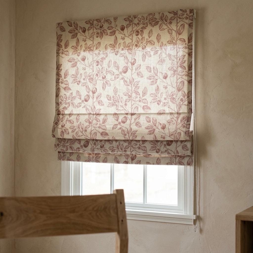 Dusty Mauve Botanical Linen Roman Shade, Custom Corded Roman Blind, Floral Vine Window Shade, Blackout or Lined — image 5