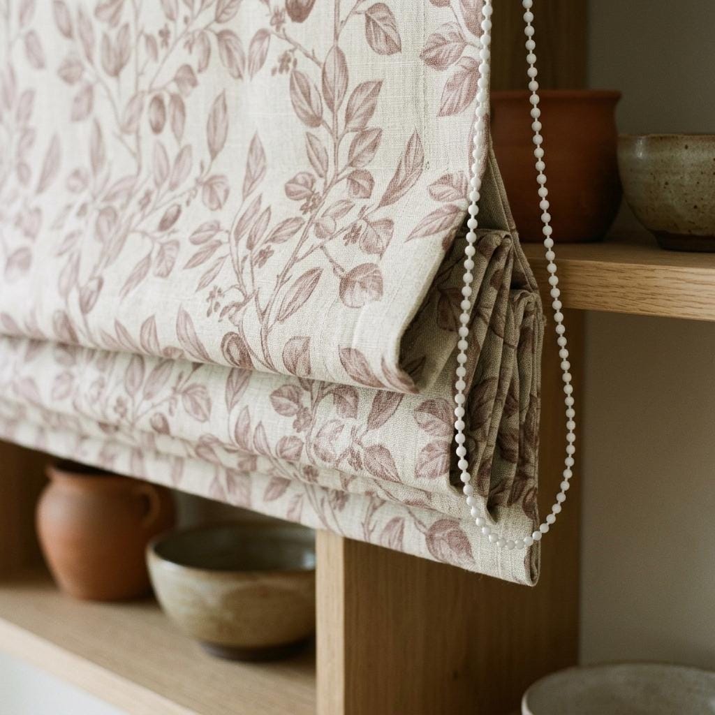 Dusty Mauve Botanical Linen Roman Shade, Custom Corded Roman Blind, Floral Vine Window Shade, Blackout or Lined — image 3