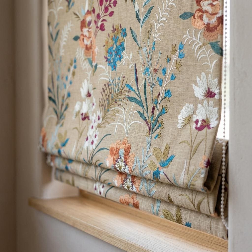 Embroidered Linen Roman Shade, Beige Wildflower Botanical Blind, Custom Corded Window Shade, Blackout or Cotton Lined — image 3