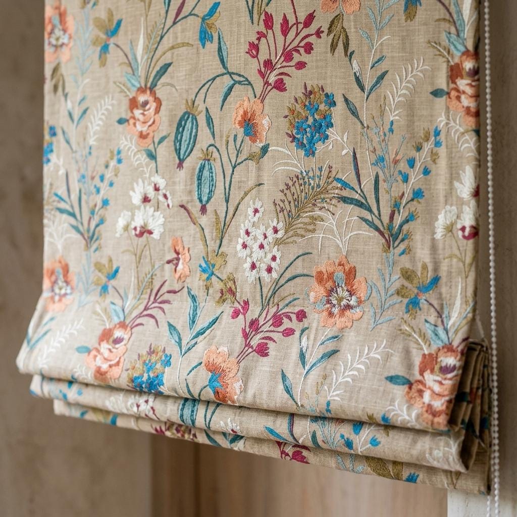 Embroidered Linen Roman Shade, Beige Wildflower Botanical Blind, Custom Corded Window Shade, Blackout or Cotton Lined — image 8