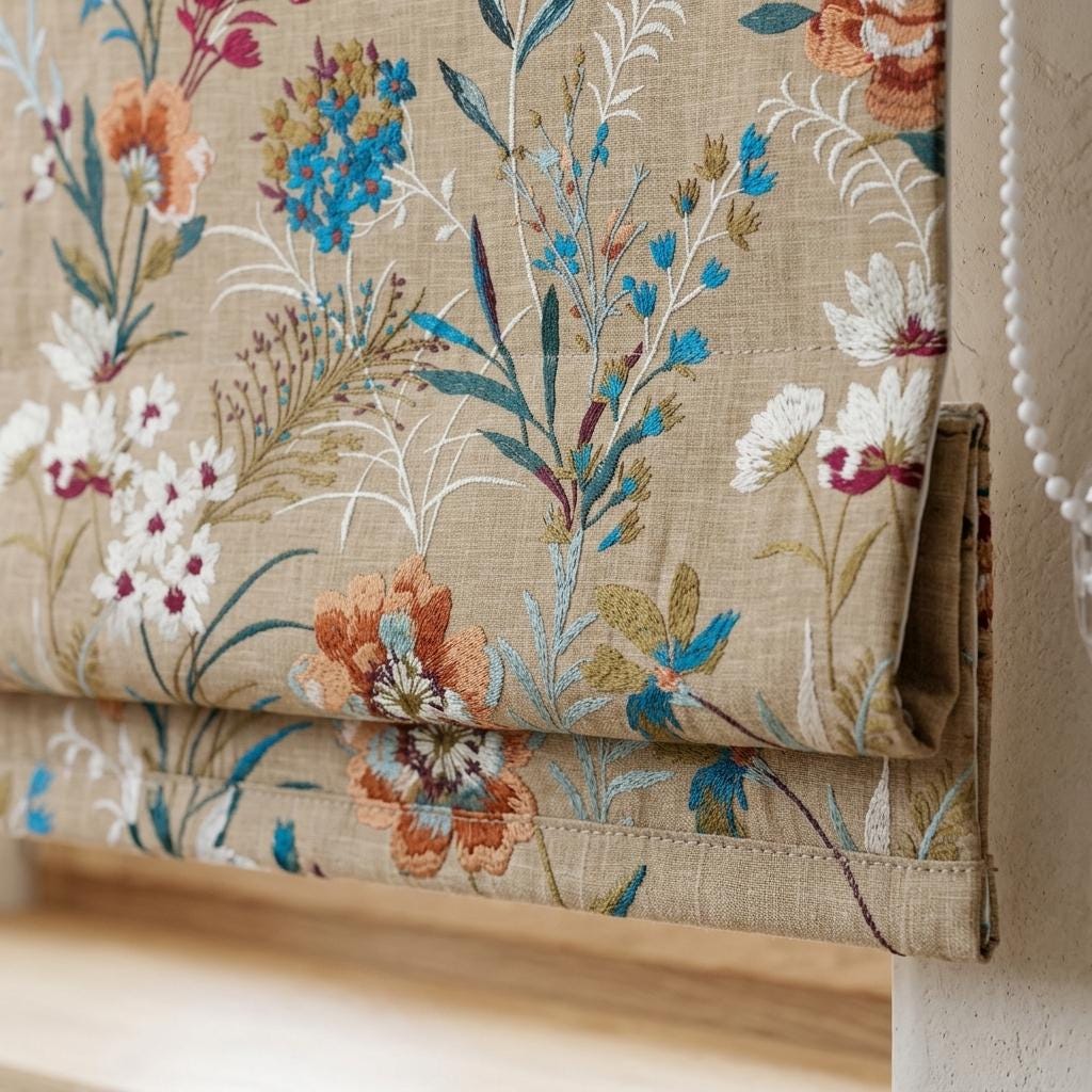 Embroidered Linen Roman Shade, Beige Wildflower Botanical Blind, Custom Corded Window Shade, Blackout or Cotton Lined — image 1