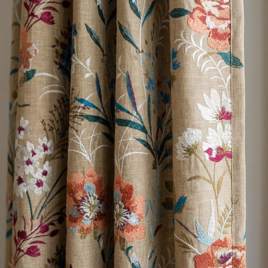 Custom Natural Tan Linen Curtains, Colorful Wildflower Embroidered Drapes, Botanical Floral Blackout or Cotton Lined Panels — image 1