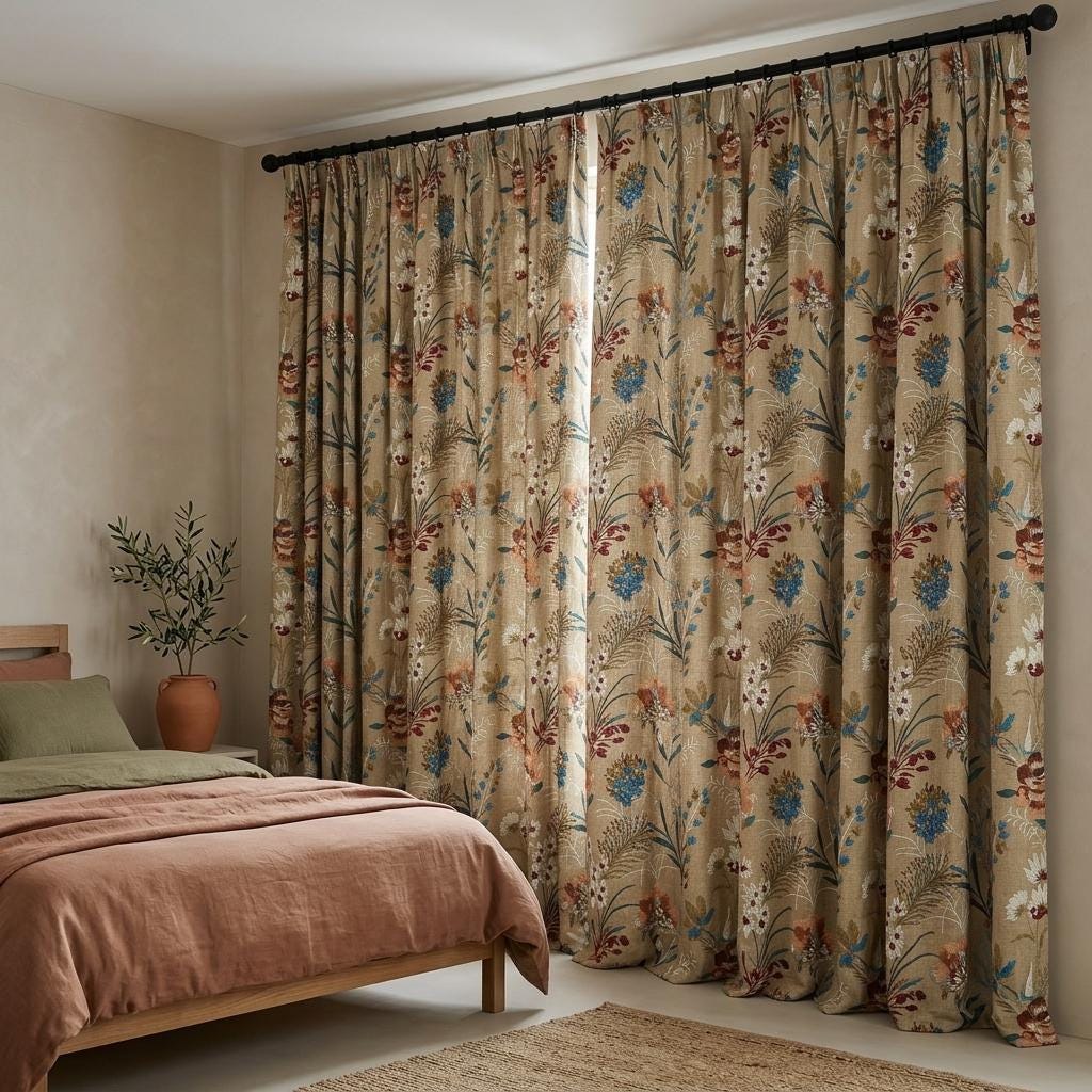Custom Natural Tan Linen Curtains, Colorful Wildflower Embroidered Drapes, Botanical Floral Blackout or Cotton Lined Panels — image 7
