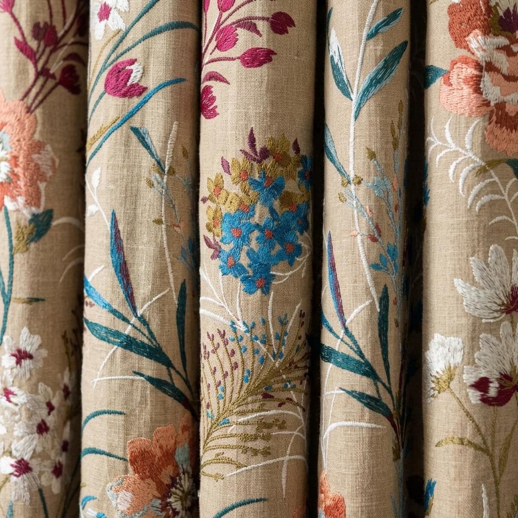 Custom Natural Tan Linen Curtains, Colorful Wildflower Embroidered Drapes, Botanical Floral Blackout or Cotton Lined Panels — image 8