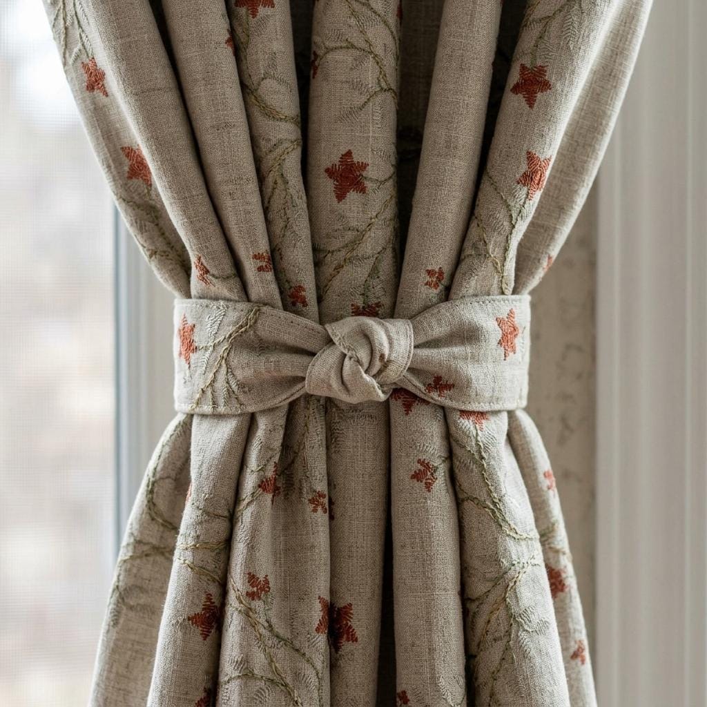 Natural Flax Linen Curtains, Rust Red Floral Vine Embroidered Drapes, Cottage Botanical Blackout or Cotton Lined Panels — image 1