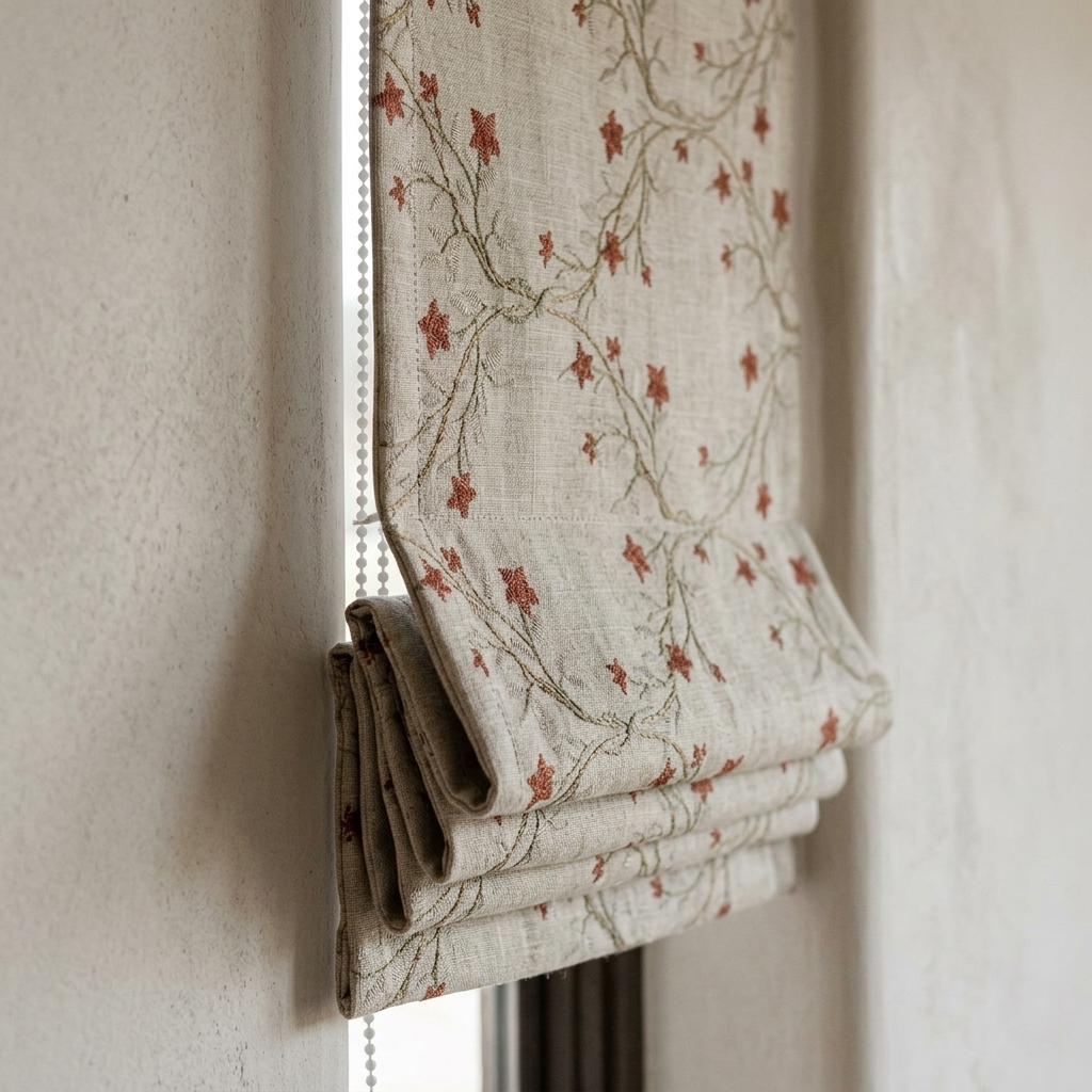 Embroidered Linen Roman Shade, Beige Botanical Vine Blind, Rust Terracotta Floral Custom Corded Blackout or Cotton Lined — image 1