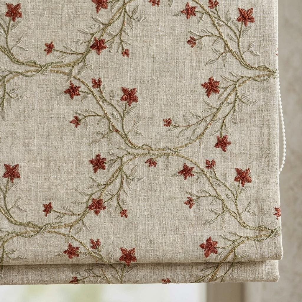 Embroidered Linen Roman Shade, Beige Botanical Vine Blind, Rust Terracotta Floral Custom Corded Blackout or Cotton Lined — image 1