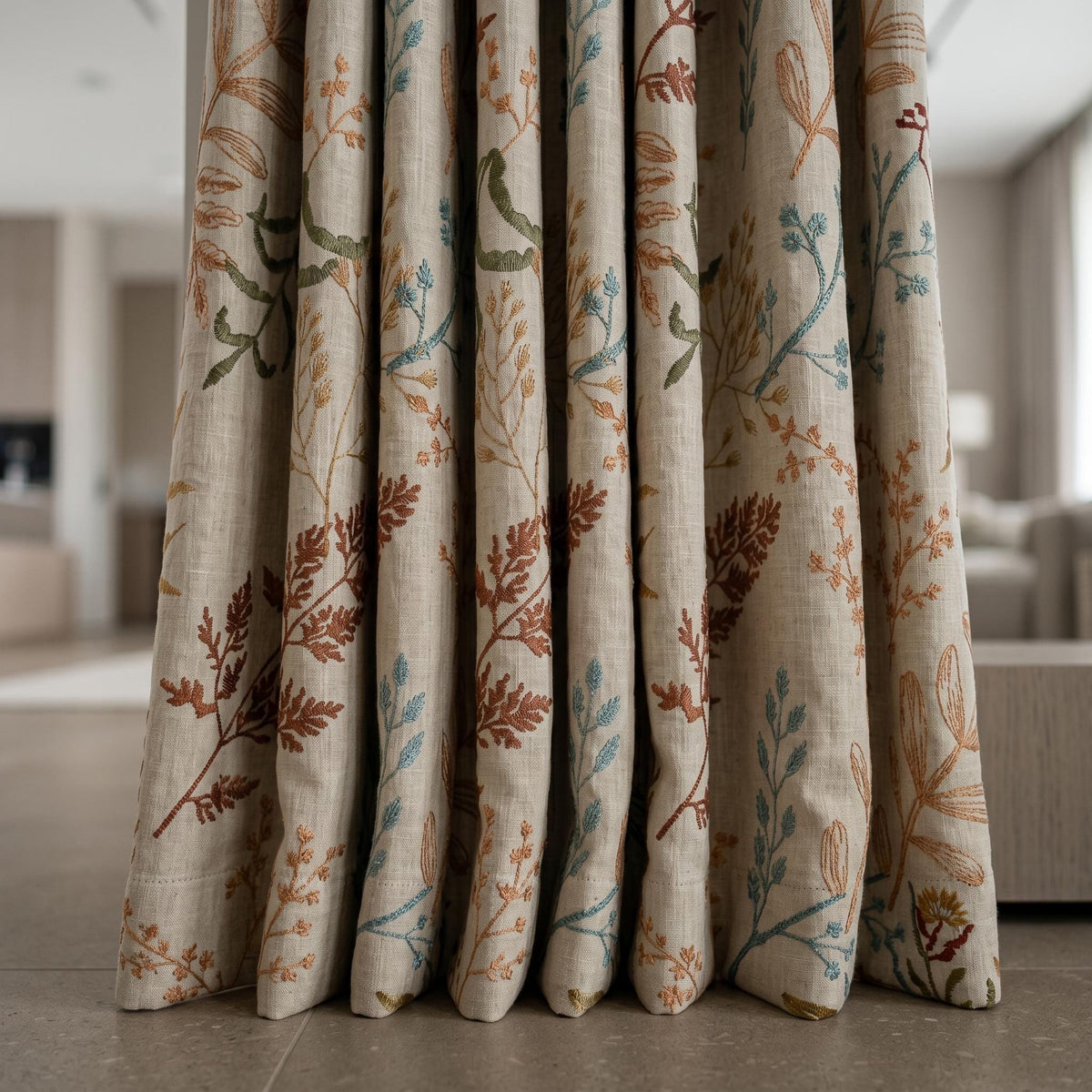 Natural Oatmeal Linen Curtains, Rust Teal Botanical Fern Embroidered Drapes, Floral Blackout or Cotton Lined Panels — image 8