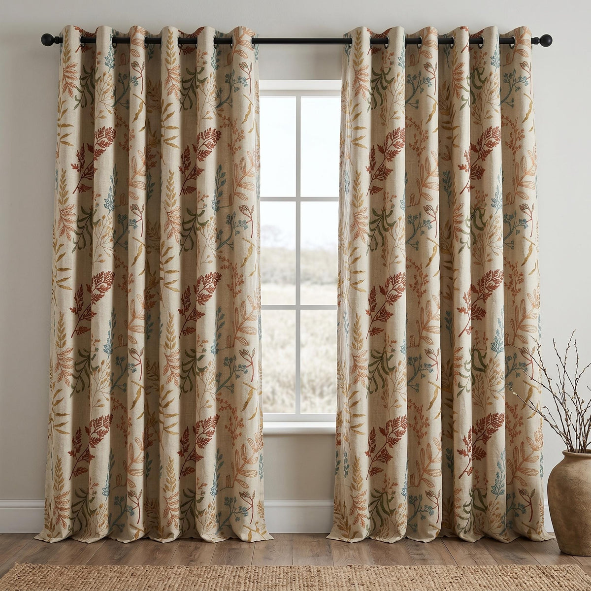 Natural Oatmeal Linen Curtains, Rust Teal Botanical Fern Embroidered Drapes, Floral Blackout or Cotton Lined Panels — image 7