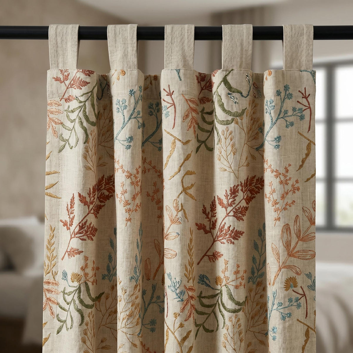 Natural Oatmeal Linen Curtains, Rust Teal Botanical Fern Embroidered Drapes, Floral Blackout or Cotton Lined Panels — image 3