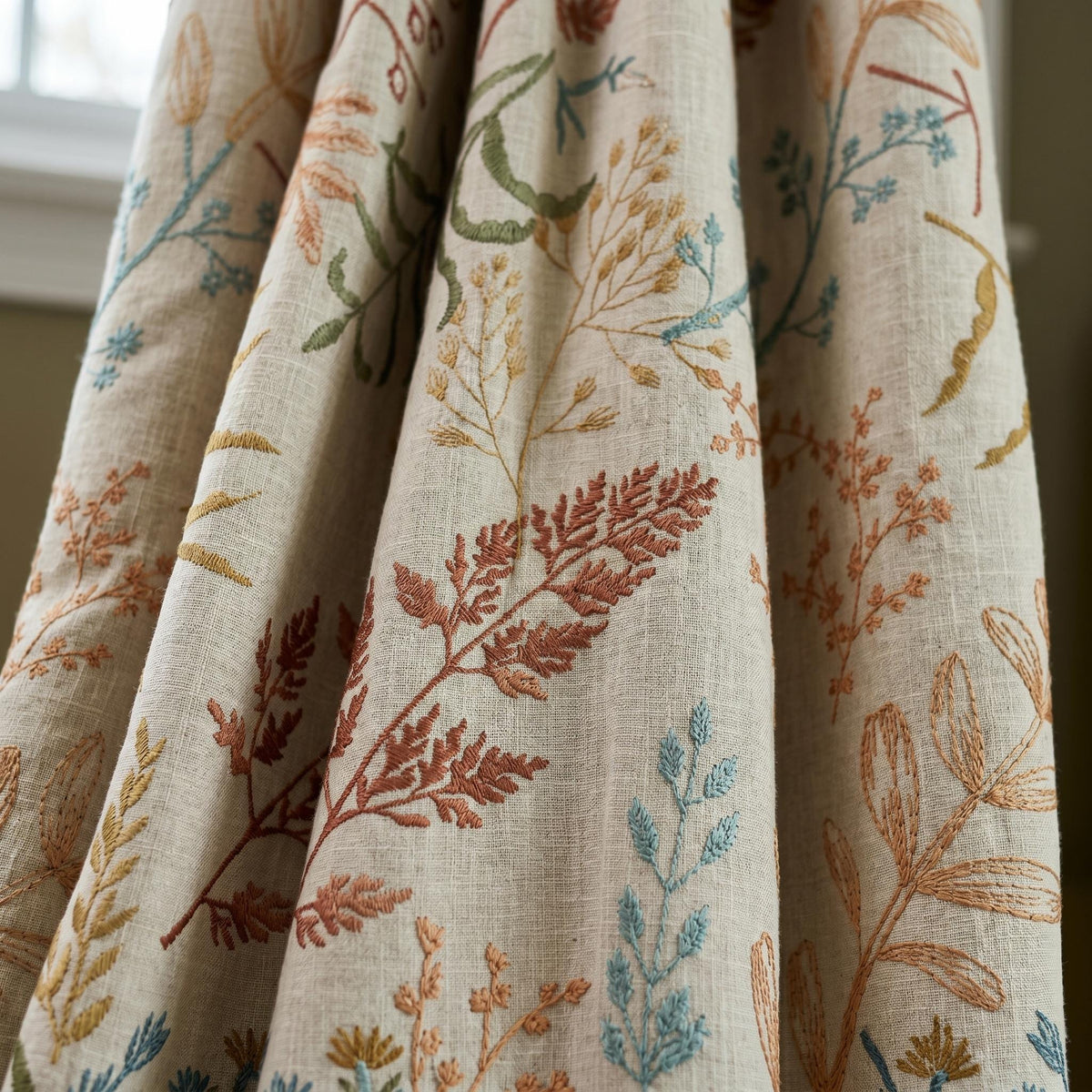 Natural Oatmeal Linen Curtains, Rust Teal Botanical Fern Embroidered Drapes, Floral Blackout or Cotton Lined Panels — image 1