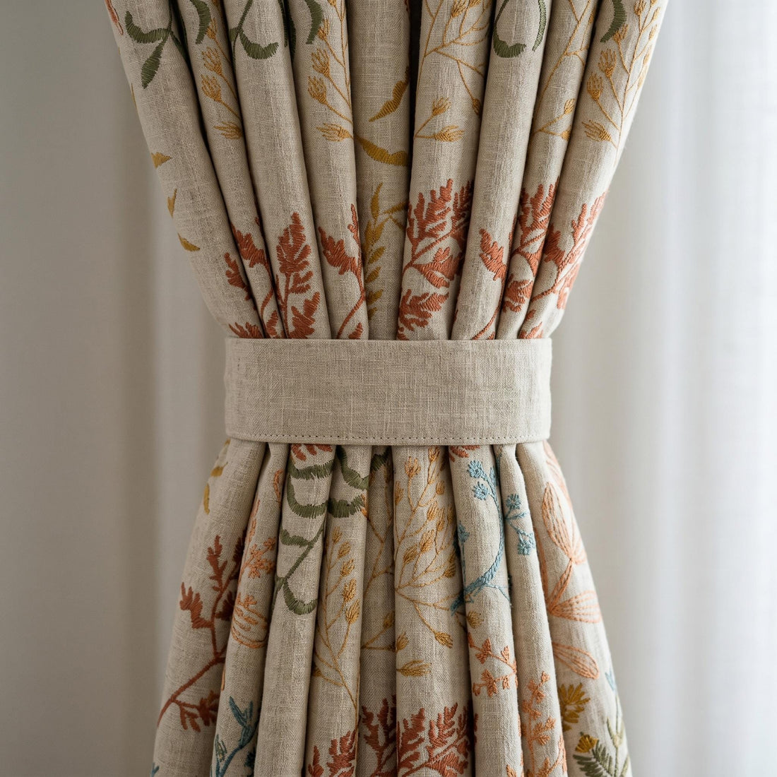 Natural Oatmeal Linen Curtains, Rust Teal Botanical Fern Embroidered Drapes, Floral Blackout or Cotton Lined Panels — image 1