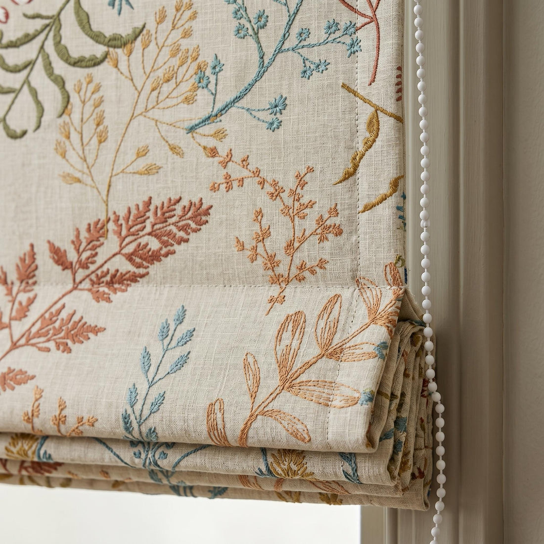 Natural Oatmeal Embroidered Linen Roman Shade, Rust Teal Botanical Leaf Roman Blind, Custom Corded Blackout Cotton Lined — image 1
